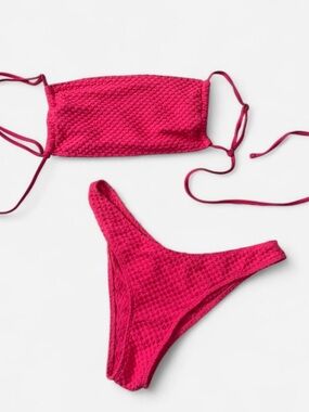 SHEIN Hot Pink Textured Bandeau Bikini Set